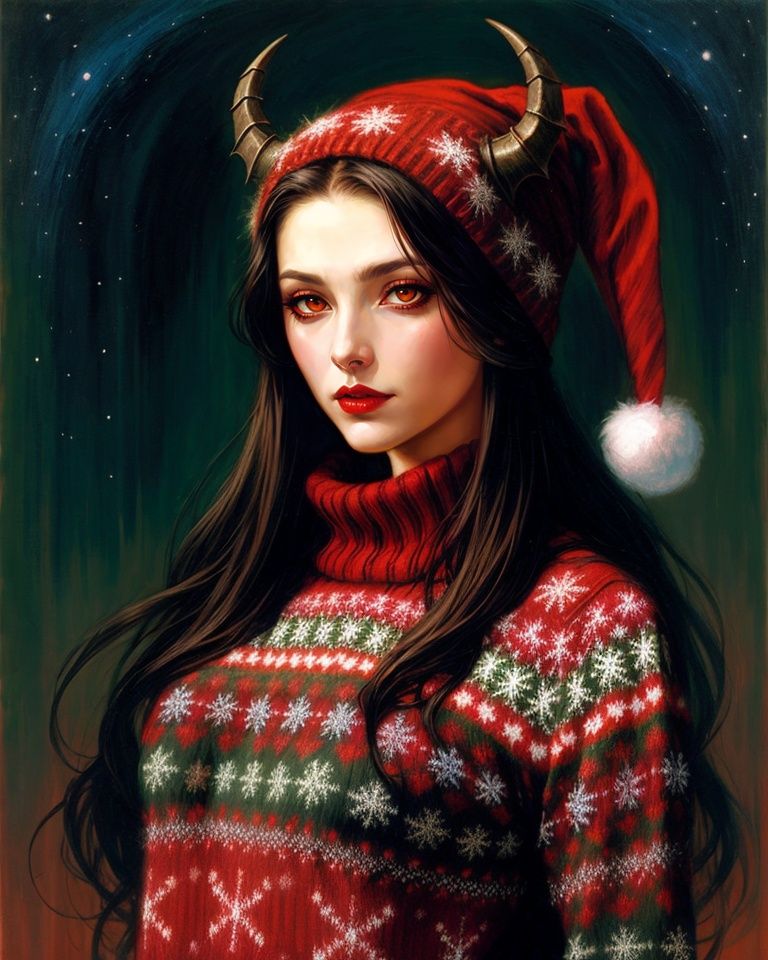 demon woman wearing a christmas sweater,  upper body,  art by gerald brom on Tensor.Art
