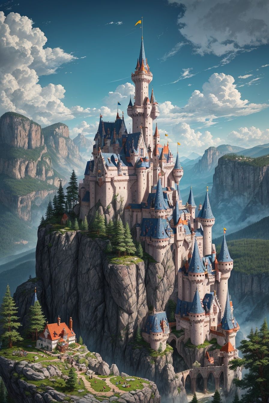 A forbidden castle high up in the mountains,  pixel art, on Tensor.Art
