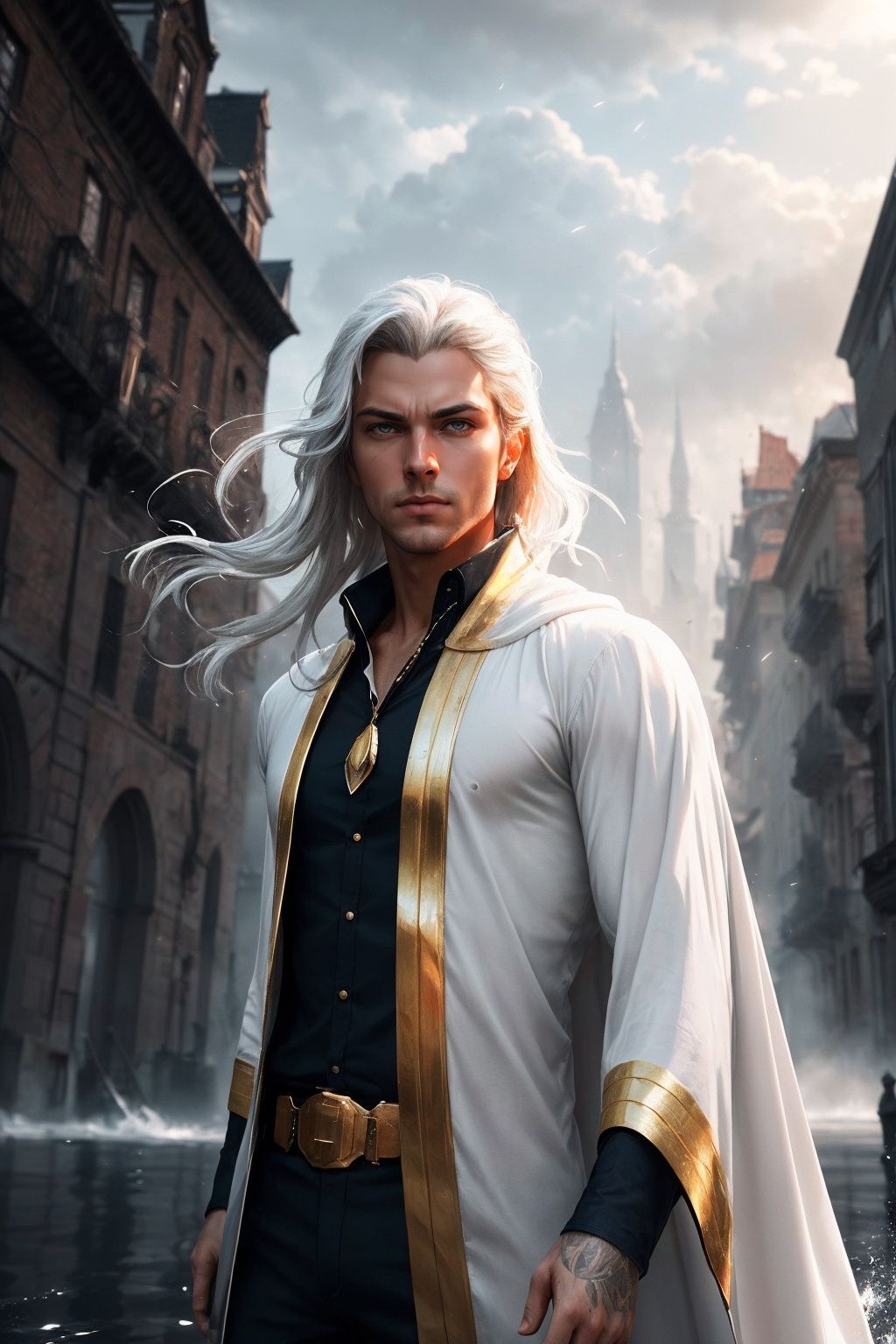 portrait of a handsome young male wizard,  white wizard shirt with golden trim,  white robe moving in the wind on Tensor.Art
