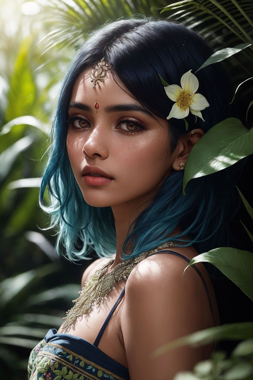 fashion photography portrait of indian girl with blue hair,  in lush jungle with flowers,  3d render on Tensor.Art