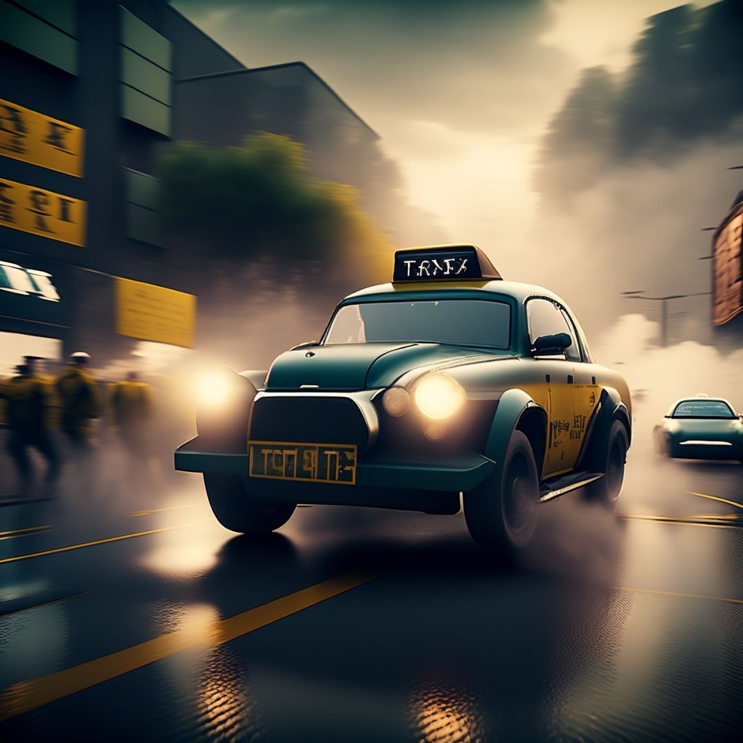 photo of a dieselpunk Taxi racing through heavy traffic on Tensor.Art