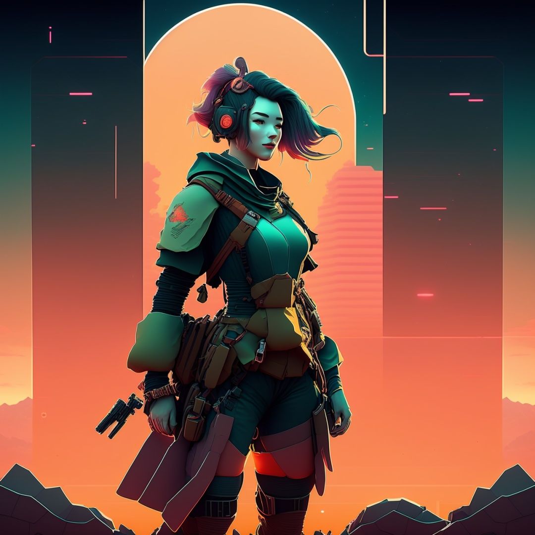 photo of a woman adventurer standing in front of a vibrant sunset retrotech on Tensor.Art