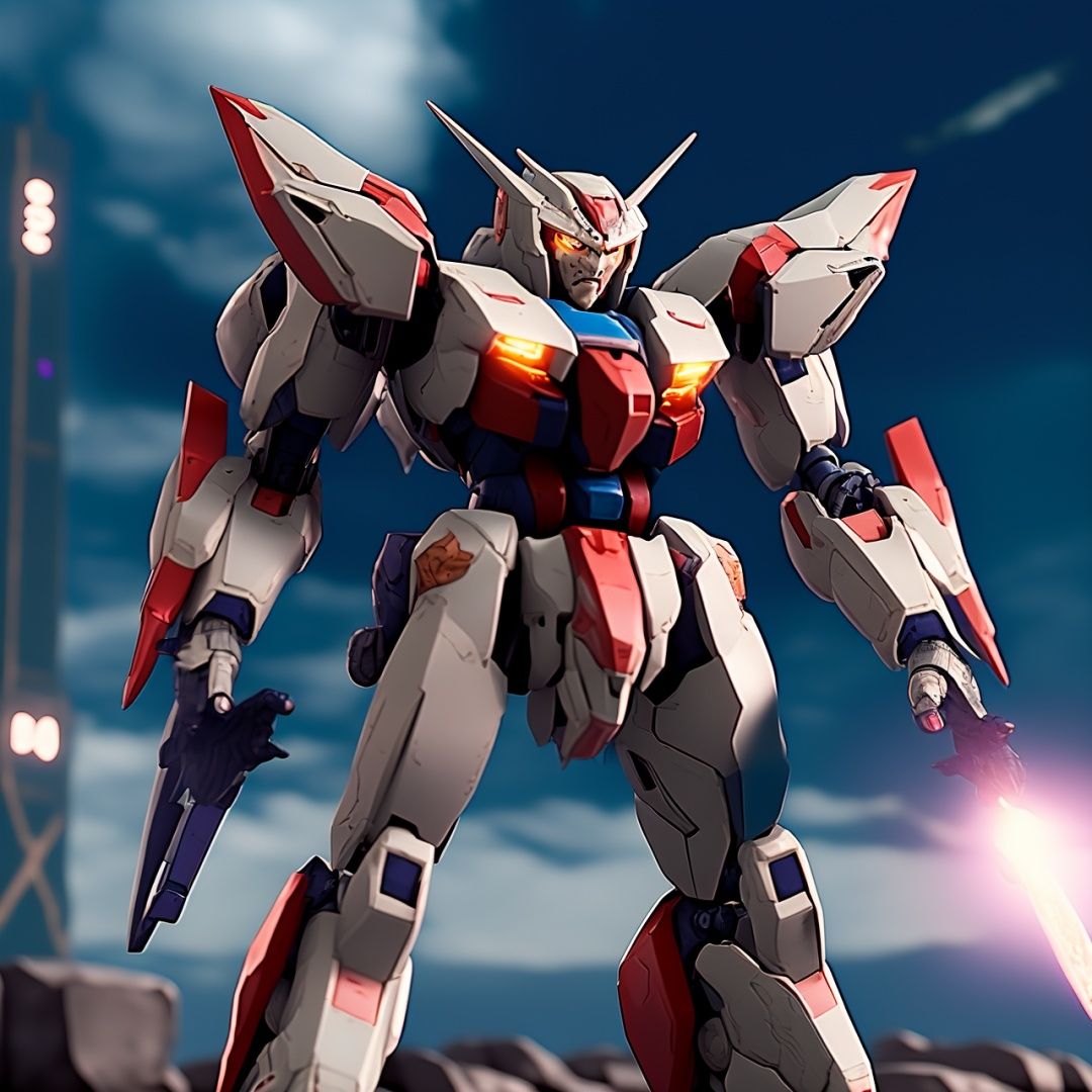 photo of ducreux man standing in front of a large robot gundam on Tensor.Art