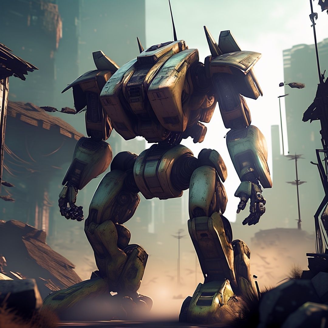photo of a large robot mecha standing between ruined city structures,  dark futurism on Tensor.Art