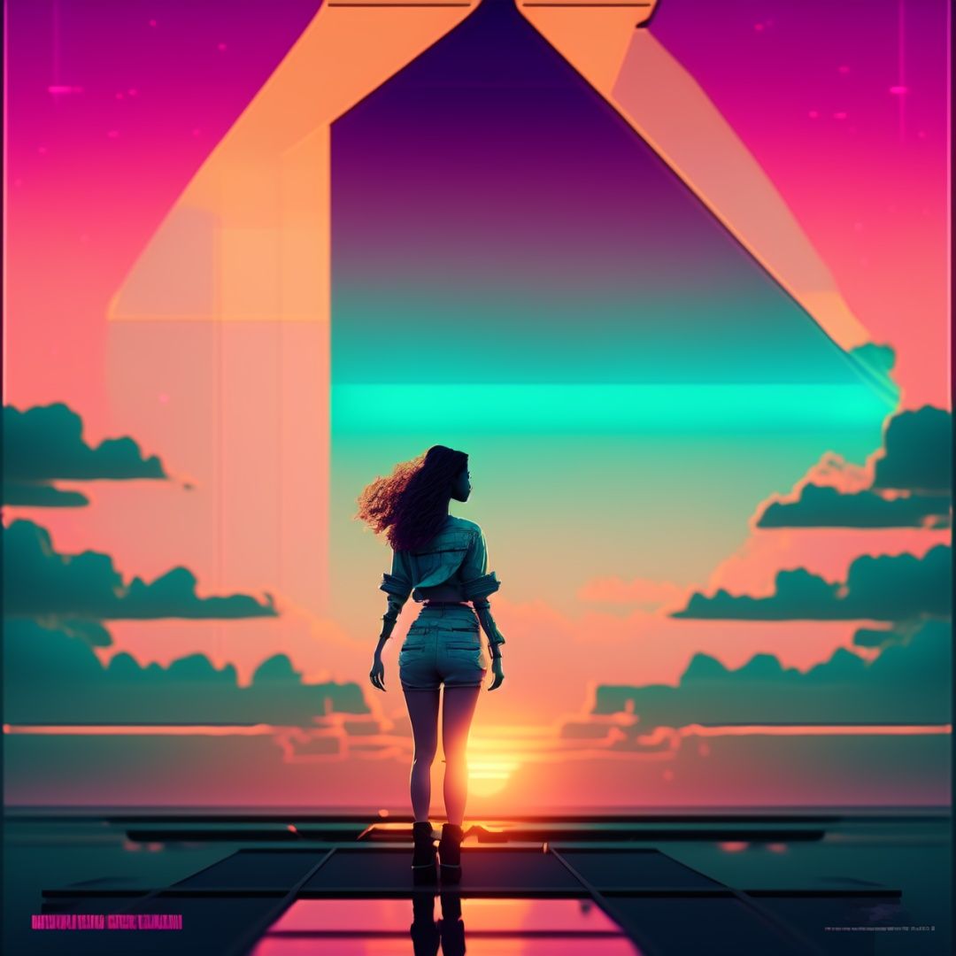 photo of a woman standing in front of a vibrant sunset on Tensor.Art
