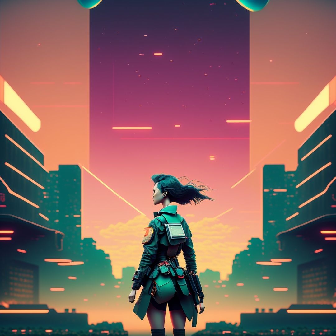 photo of a woman explorer standing in front of a vibrant sunset cyber city backdrop on Tensor.Art