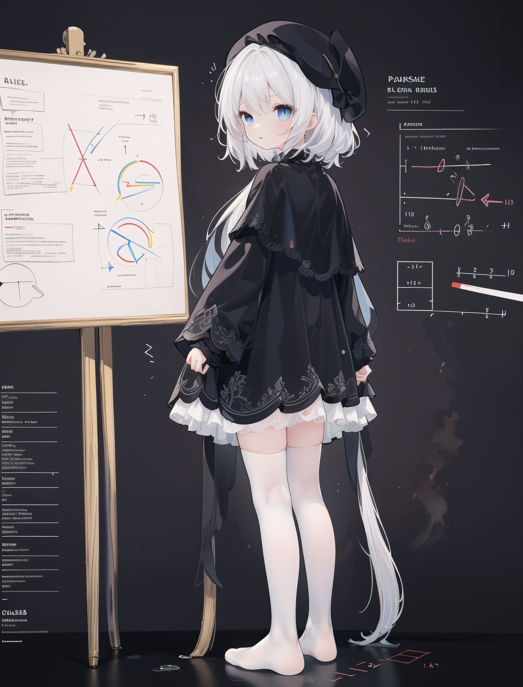 <lora:881:1:1,0,0,0,1,1,1,1,1,1,1,1,0,0,0,0,0>//[(simple background:1.5)::5], (imid shot:0.95), (full body:1.25),//(setting diagram,character design drawing, character profile, reference sheet,(all clothes configuration:1.15),revealing clothes, (infographic:1.2),(mathematical formula, number:1.2)best quality, masterpiece, highres, original, from behind, ((white background)),huge white canvas with easel, wide shot,1girl, solo, loli, (white hair, sliver hair), slightly curly hair, (cute beret hat),blue eyes, detailed face and eyes,wearing (black_capelet) and simple black coat, long wide sleeves, very_long_dress, no shoes,she is painting on canvas