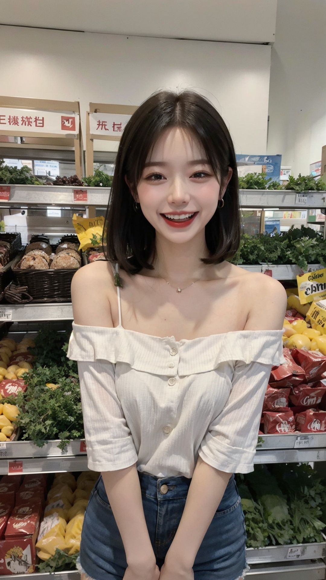 masterpiece,best quality,2girls,Supermarket,off-shoulder dress and off-shoulder shirt,hotpants,collarbone,laughing, open mouth, closed eyes, cowboy shot, 