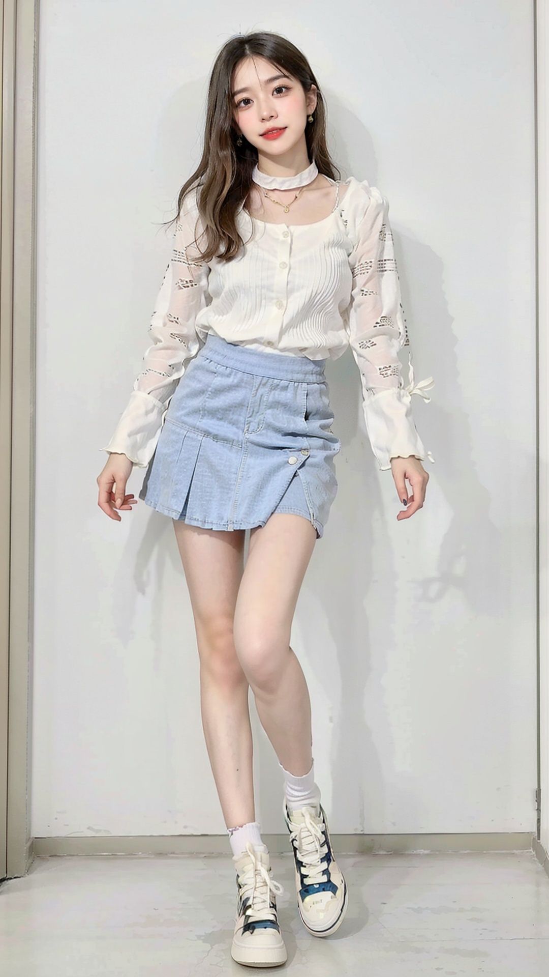 best quality,masterpiece,a beautiful young woman,18yo,solo,shirt,Figure like a female model,(full body),standing,posing,white skin,(huge thighs:1.2),highly detailed,VOGUE,character concept art,many details,high quality,8K,simple background,Front lighting,soft_lighting,The background is a white wall.,Desai_duo_ba_an,<lora:DuoBaAn:1:CLOTHING>,yellow shirt,brown shorts,pink skirt,white shoe,single shoe,puffy sleeves,sneakers,Puffy Skirt,Pleated Design,gold jewelry,Lace Paneling,Collar Detail,Bow Accents,High-low Skirt,<lora:aj_sneaker:0.6>,Tilt one's head,