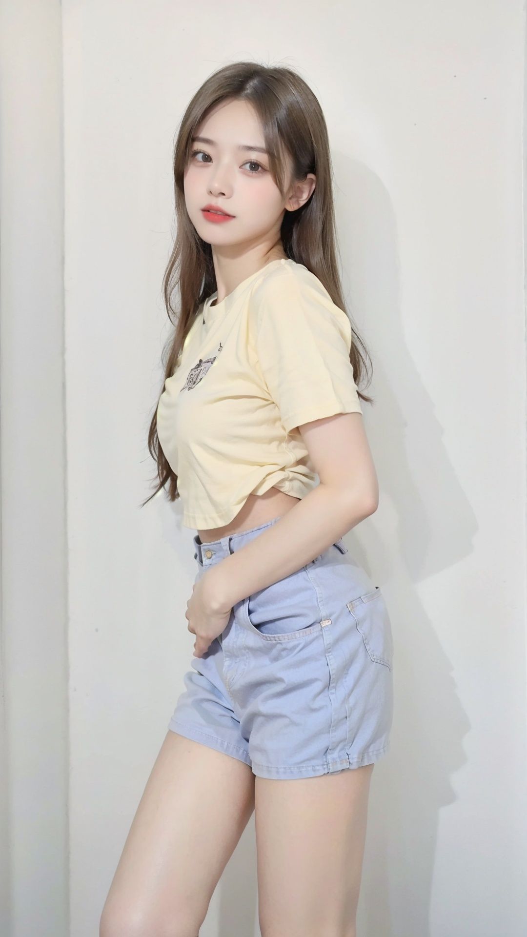 best quality,masterpiece,a beautiful young woman,18yo,solo,Figure like a female model,(full body:0.6),standing,posing,white skin,(huge thighs:1.2),highly detailed,VOGUE,character concept art,many details,high quality,8K,simple background,Top-lighting,Front lighting,soft_lighting,The background is a white wall.,Desai_duo_ba_an,<lora:DuoBaAn:1:CLOTHING>,yellow shirt,brown shorts, 