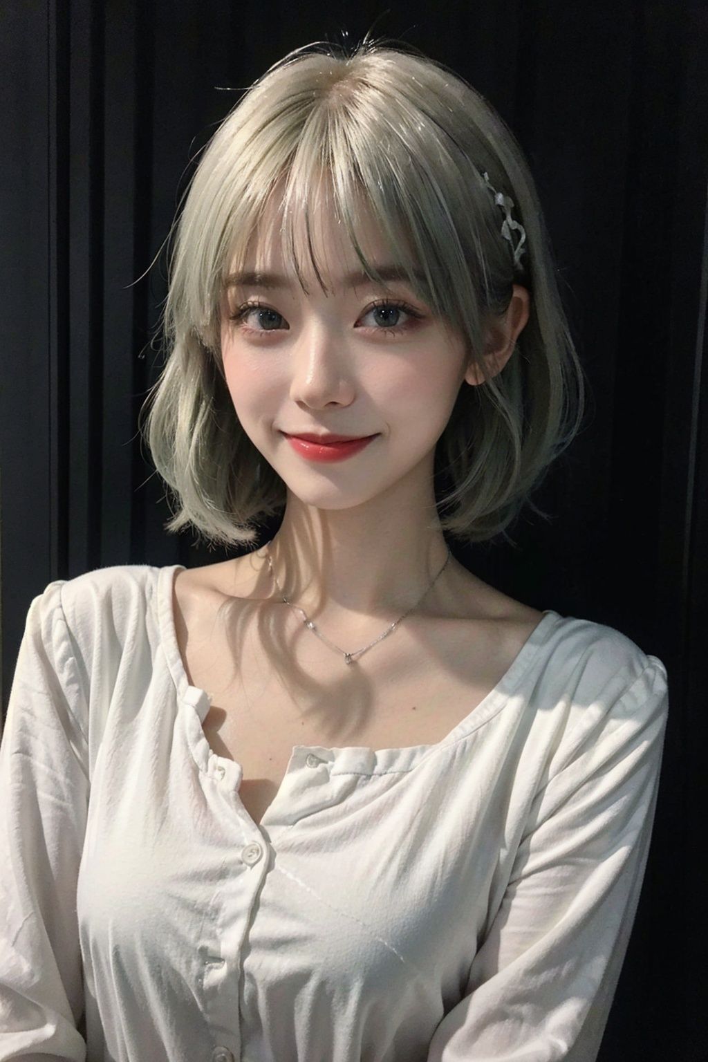 Best quality,masterpiece,ultra high res,(photorealistic:1.4),raw photo,light smile,Silver hair and light green hair.,gradient hair,1girl,blonde hair,detailed eyes and face,White Skin,black suit,dynamic lighting,in the dark,deep shadow,low key,cowboy shot full-lenght body,