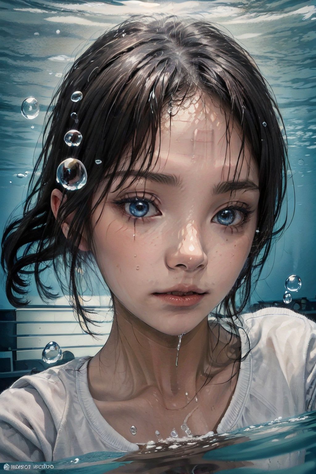 abstract background,(illustration:1),masterpiece,best quality,detailed face and eyes,1 girl,underwater hair physics,air bubbles,light coming through water,reflections,laying in water,split layers of water,school of fish,beauty,ricky, <lora:EMS-4620-EMS:0.7>