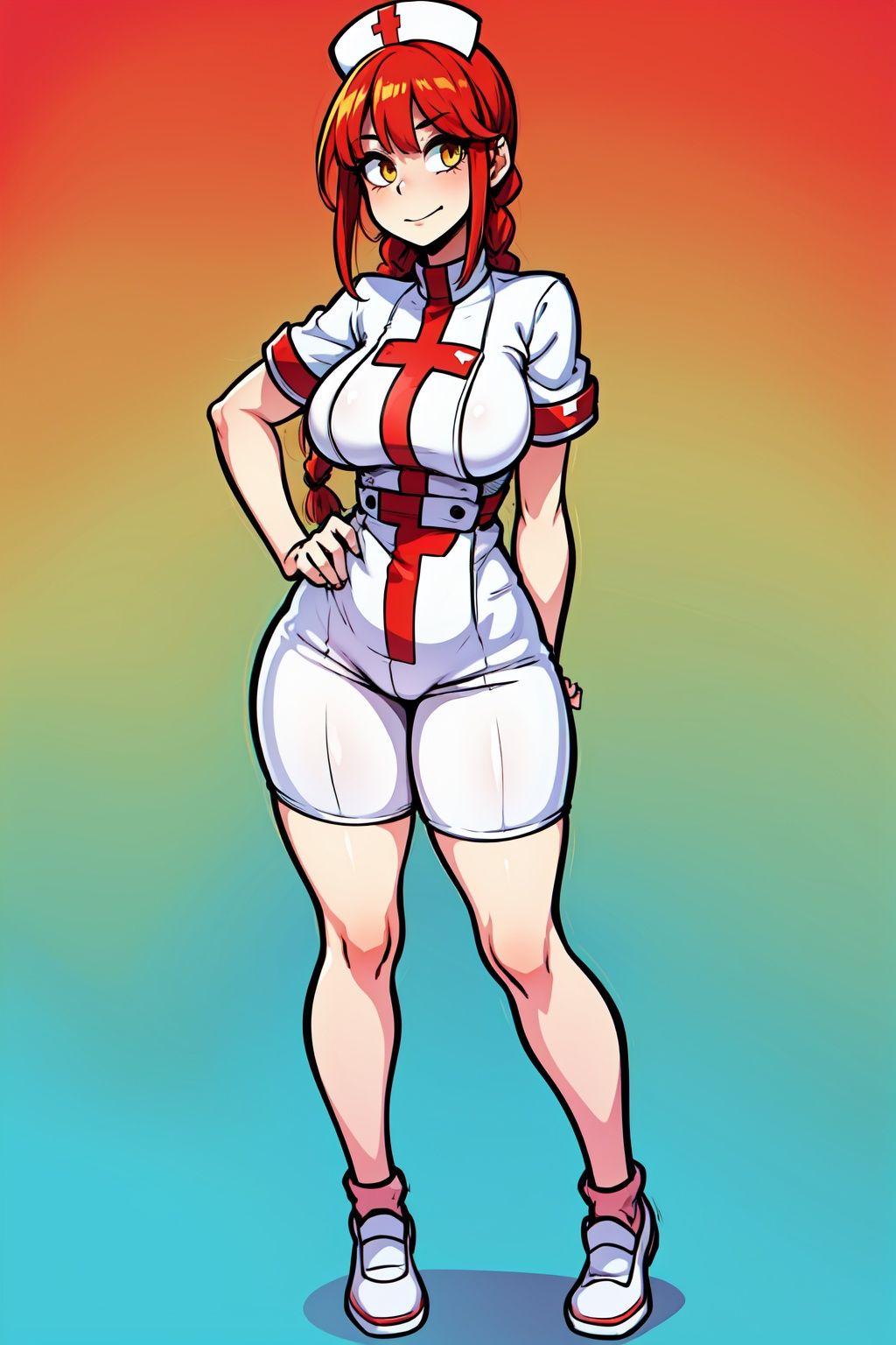 1GIRL, (thick_hips:0.8), golden_eyes, red_hair, braided_hair, white nurse_outfit, standing, looking_at_viewer, hands on waist, full_body, sexy, beautiful, perfect, attractive