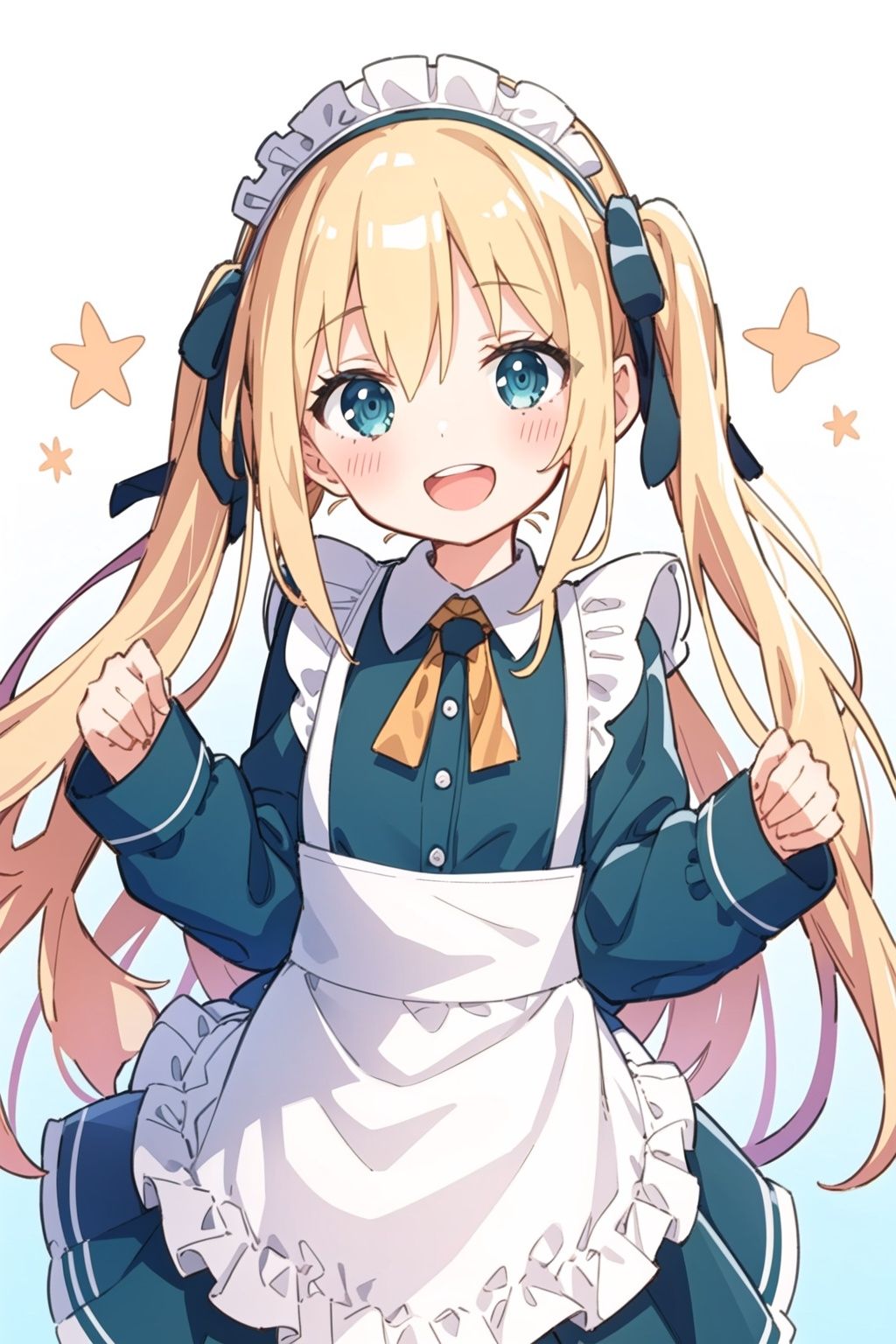 masterpiece,high quality,1girl,(solo:1.2),open mouth,(happy:1.2),looking at viewer,long hair,blonde hair,aqua eyes,twintail,maid,maid apron,maid headgear,, <lora:EMS-4635-EMS:0.8>