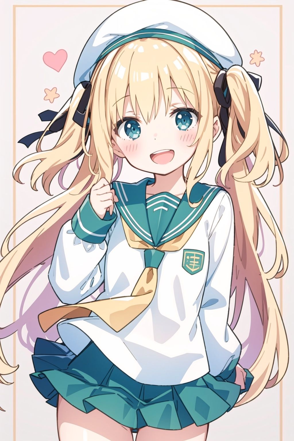 masterpiece,high quality,1girl,(solo:1.2),open mouth,(happy:1.2),looking at viewer,long hair,blonde hair,beret,serafuku,pleated skirt,aqua eyes,twintail,, <lora:EMS-4635-EMS:0.8>