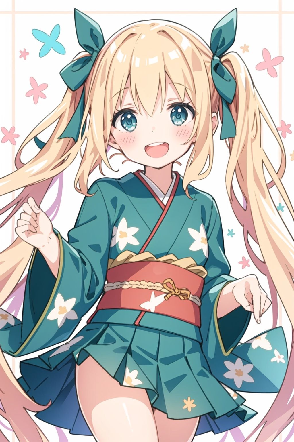 masterpiece,high quality,1girl,(solo:1.2),open mouth,(happy:1.2),looking at viewer,long hair,blonde hair,aqua eyes,twintail,kimono,hakama skirt,floral print,, <lora:EMS-4635-EMS:0.8>