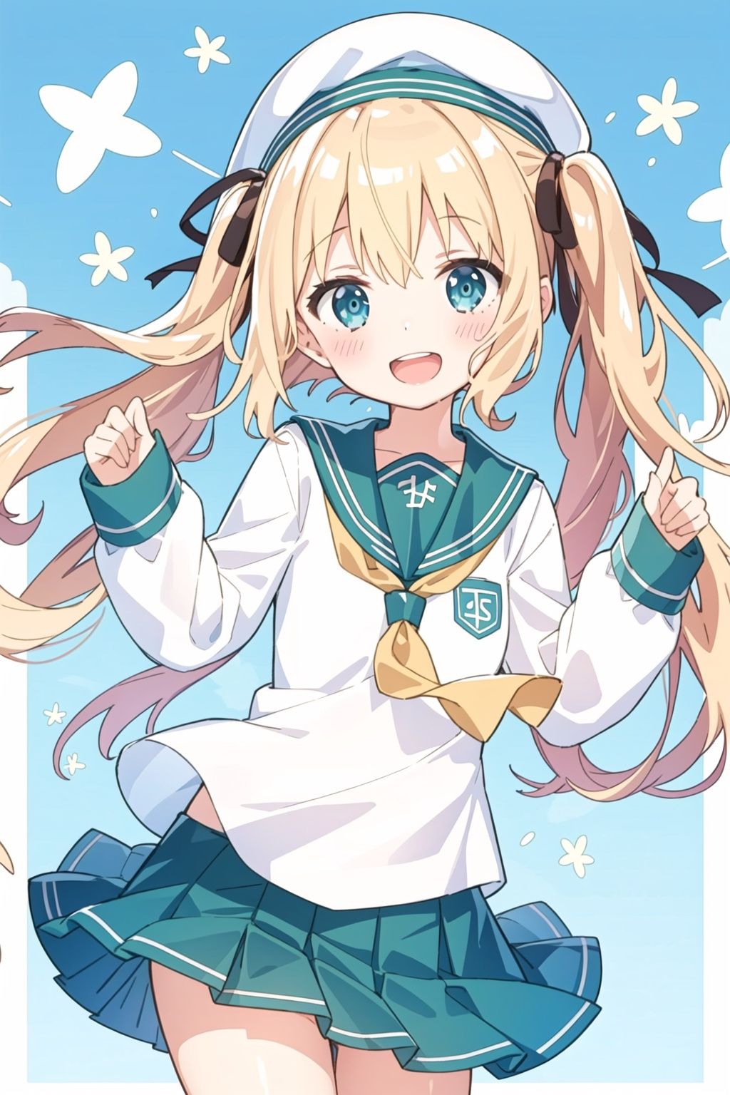masterpiece,high quality,1girl,(solo:1.2),open mouth,(happy:1.2),looking at viewer,long hair,blonde hair,beret,serafuku,pleated skirt,aqua eyes,twintail,, <lora:EMS-4635-EMS:0.8>