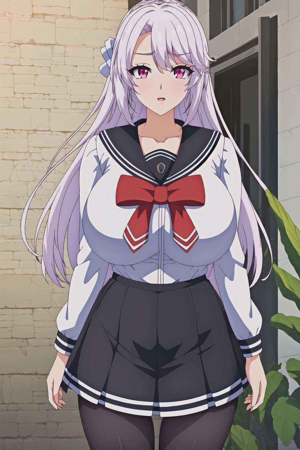 in front of a brick wall with a plant,  Standing at attention,  sailor collar on Tensor.Art