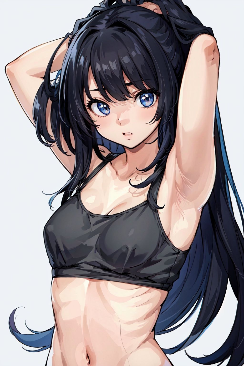 detailed,8K,1girl, taking off her shirt, shirt, upper body, flat chested, ,long hair, black hair,,messy bangs, black bra, , <lora:EMS-4775-EMS:0.7>
