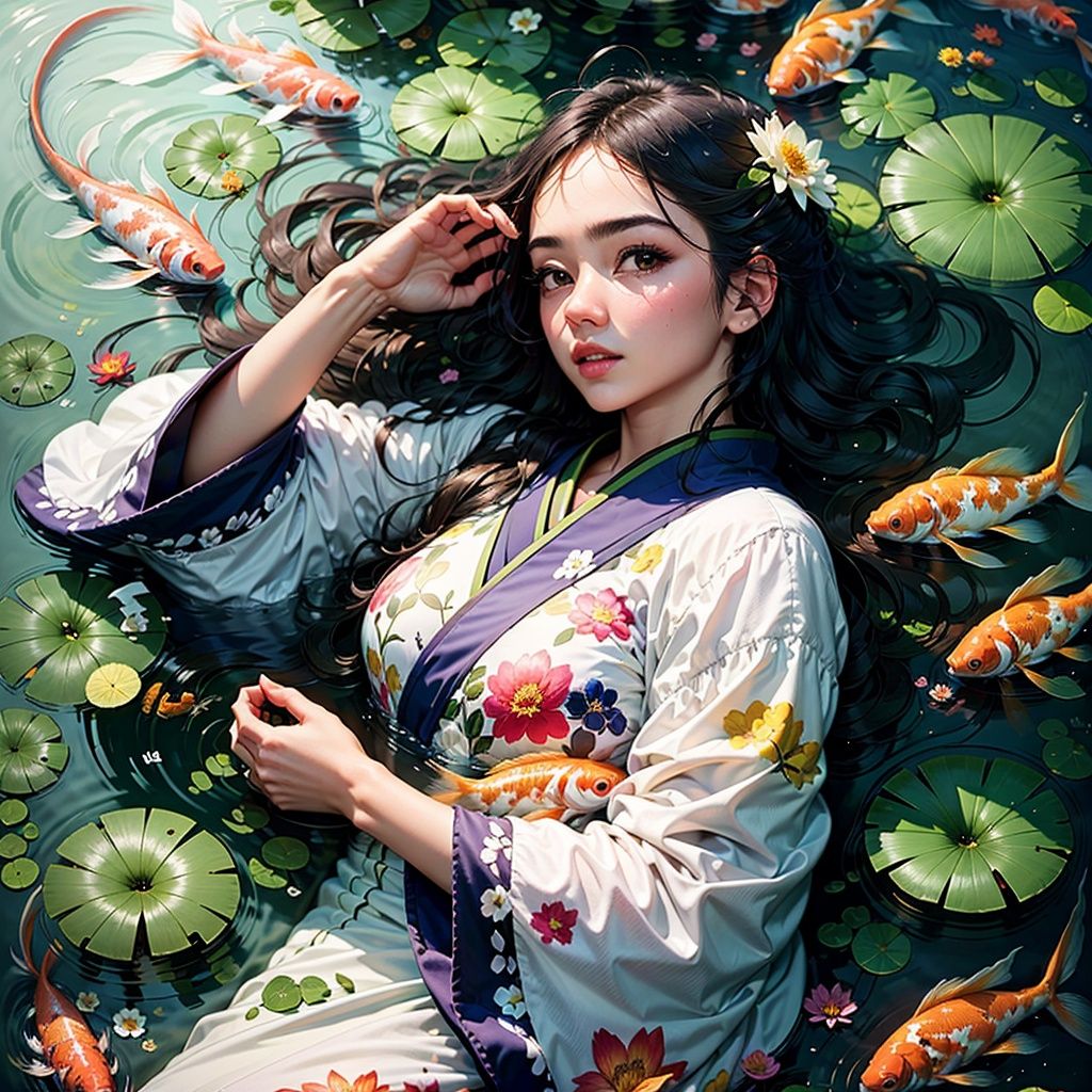 Best quality,masterpiece,1girl,solo,fish,water,koi, japanese clothes,flower, goldfish,lily pad, partially submerged,looking at viewer, <lora:GuoFeng3.2_Lora:0.6>, <lora:koifish:0.5>，