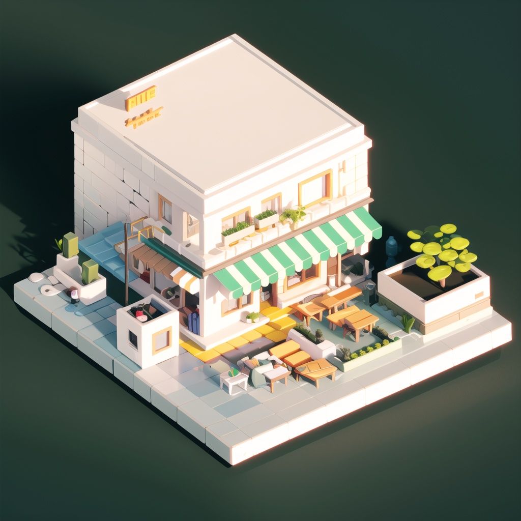 a small white building with a green awning and a green awning on the roof and a green awning on the top, Beeple, isometric, a tilt shift photo, photorealism