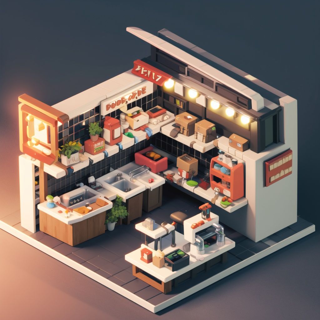 a small model of a food stand with a food cart and a counter top with food on it and a light on, Chippy, isometric, a 3D render, photorealism