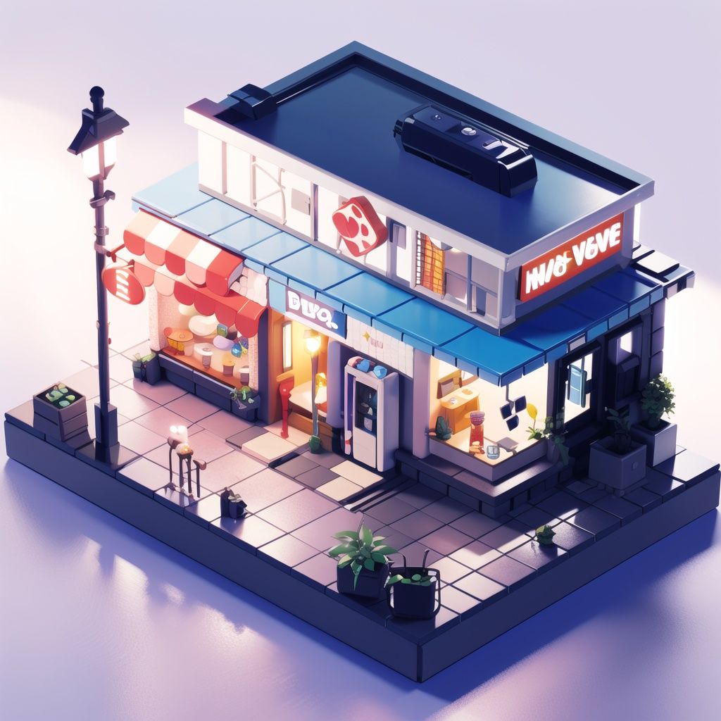 a small restaurant with a blue roof and a blue roof and a red and white sign that says,, Beeple, detailed render, a low poly render, photorealism