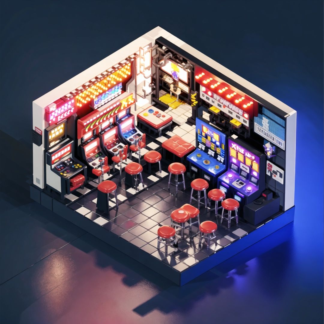 Convenience stores, arcade halls, toy stores, balloons, colored lights, ribbons, game machines, stage lighting, amusement facilities, bumper cars，xx， curtains miniature scene, isometric view, orthogonal, chandelier，masterpiece,best qualityAmazing,atmosphere,epic,3d,8k, 