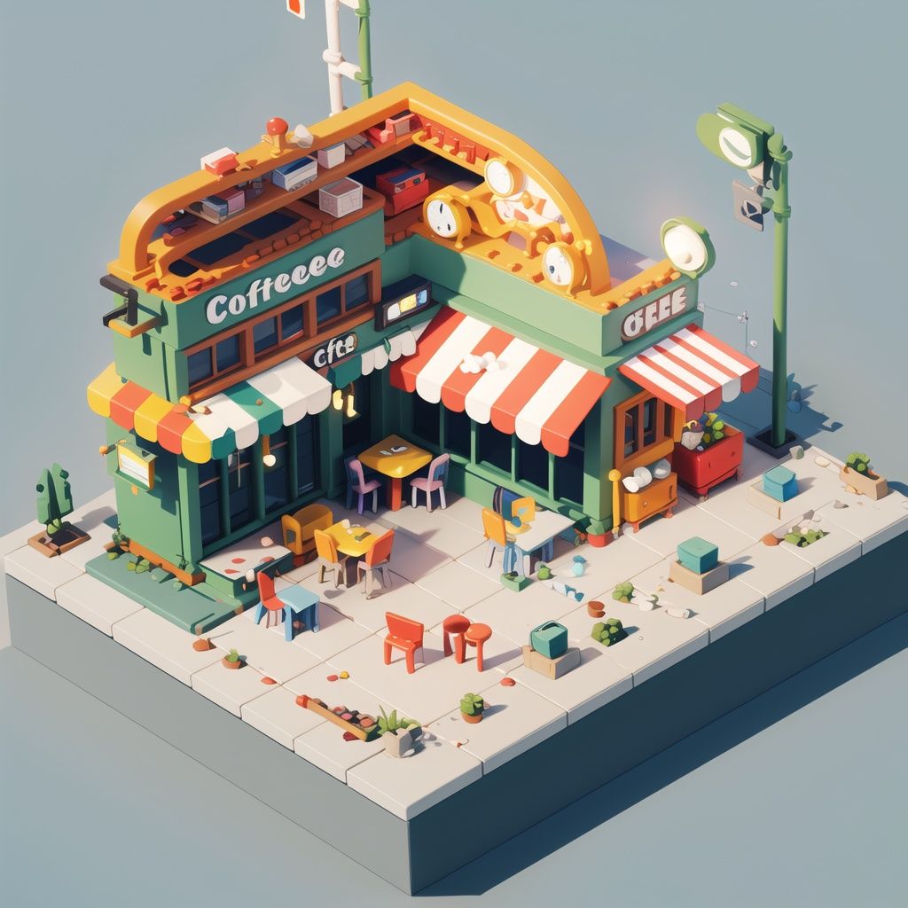 a low polygonal image of a coffee shop with a clock on the roof and tables and chairs around it, Filip Hodas, isometric, a low poly render, photorealism