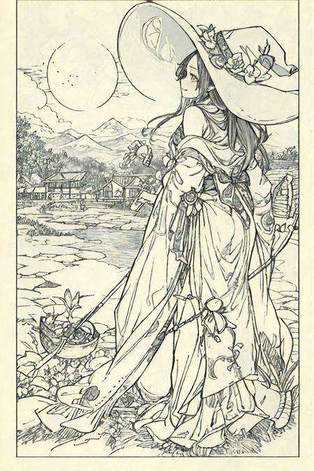 masterpiece, best quality,1girl,adjusting clothes,adjusting headwear,basket,blush,bow,bowtie,breasts,brown eyes,brown hair,cloak,cloud,cloudy sky,crescent moon,dress,fantasy,flower,full body,glowing,glowing flower,hat,light particles,lily pad,long hair,looking at viewer,moon,moonlight,mountain,mountainous horizon,night,outdoors,parted lips,pointy ears,pond,sky,small breasts,staff,star (sky),starry sky,very long hair,wading,water lily flower,wicker basket,wind,witch,witch hat, tachi-e, white background, full body, border, outside border
