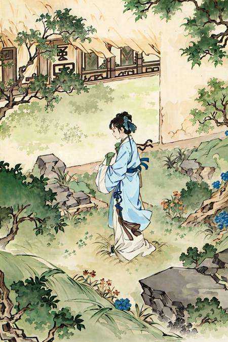 negative space, 1girl in hanfu, from above,  (trees:0.5), (flowers:0.9) ,(birds:0.2), garden, bush，mid shot
