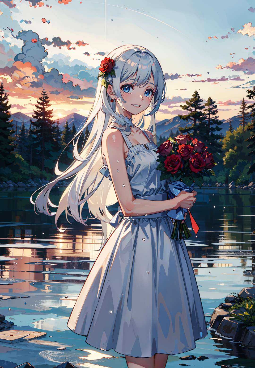 masterpiece,best quality, ((cry|smile):1.2),1girl, bare shoulders, white hair, blue eyes, very long hair, grin, bouquet, day, dress, flower, holding, holding bouquet, lake, looking at viewer, nature, outdoors, red flower, rose, solo, standing, tree, water, water drop, waterfall, wet, sky, cloudy sky, building, sun, 