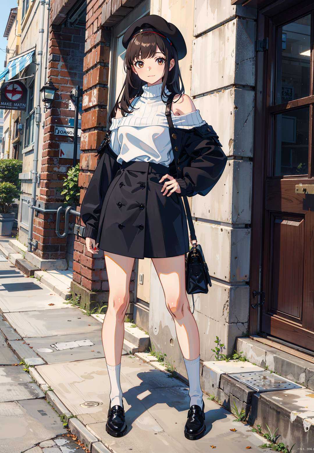 masterpiece, best quality, smile, hands on hips,1girl, bag, street, bangs, bare shoulders, beret, black footwear, black headwear, brown eyes, brown hair, closed mouth, handbag, hat, holding, long hair, long sleeves, looking at viewer, off shoulder, shoes, skirt, sleeves past wrists, socks, solo, sweater, white legwear,