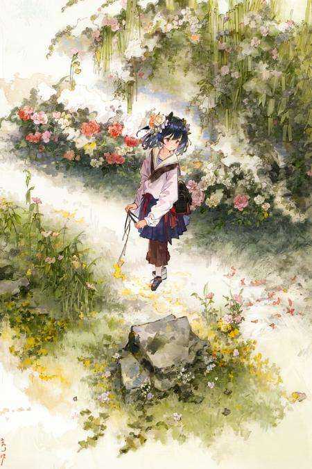 negative space, 1girl in serafuku, from above,  (trees:0.5), (flowers:1.2) ,(birds:0.2), (bamboo0.1), garden,