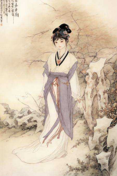 masterpiece, best quality,(full body:1.3), solo,chinese painting of a chinese girl beautiful face and eyes details,tang,perfect skin,make happy expressions,gorgeous,pure,light make up,jade jewelry,hair ornament,hair band,looking at viewer,colorful,clear sharp focus,instagram most viewed, concept artist, depth of field,flower,bush