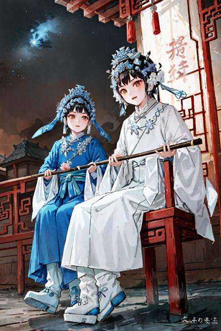 huadan,1boy dressed in long chinese rope,((yellow)),cloth boots,short hair,excited,sitting on eaves of chinese style palace roof,((night,nightsky,stars on sky)),looking at viewer,  from from below, flying swallows hovering in the eaves ,bamboo