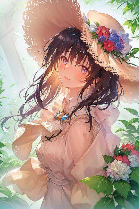 art by Cornflower, dreamy, (1girl, bangs, blue_flower, blue_ribbon, blue_rose, brooch, closed_mouth, flower, gem, hair_between_eyes, hat, hat_flower, hydrangea, jewelry, leaf, long_hair, looking_at_viewer, plant, rain, smile, solo, upper_body, water, water_drop, wet)