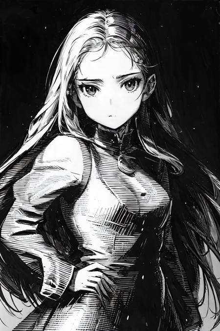 penink,masterpiece, best quality,1girl,standing, long hair,cold face, upper body,portrait, (front),monochrome, greyscale, 