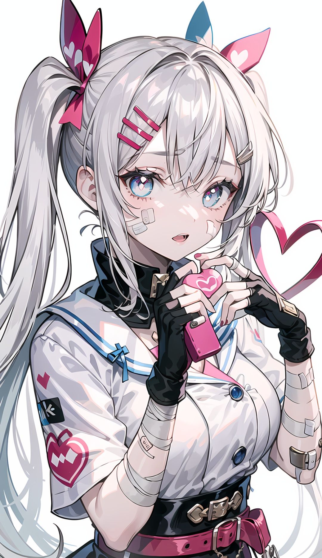 1girl, bandages, bandaid, bandaid_on_arm, bandaid_on_face, bandaid_on_nose, bangs, bow, broken_heart, eyebrows_visible_through_hair, fingerless_gloves, gloves, hair_ornament, hairclip, heart, heart-shaped_pupils, heart_hair_ornament, long_hair, looking_at_viewer, solo, symbol-shaped_pupils, twintails