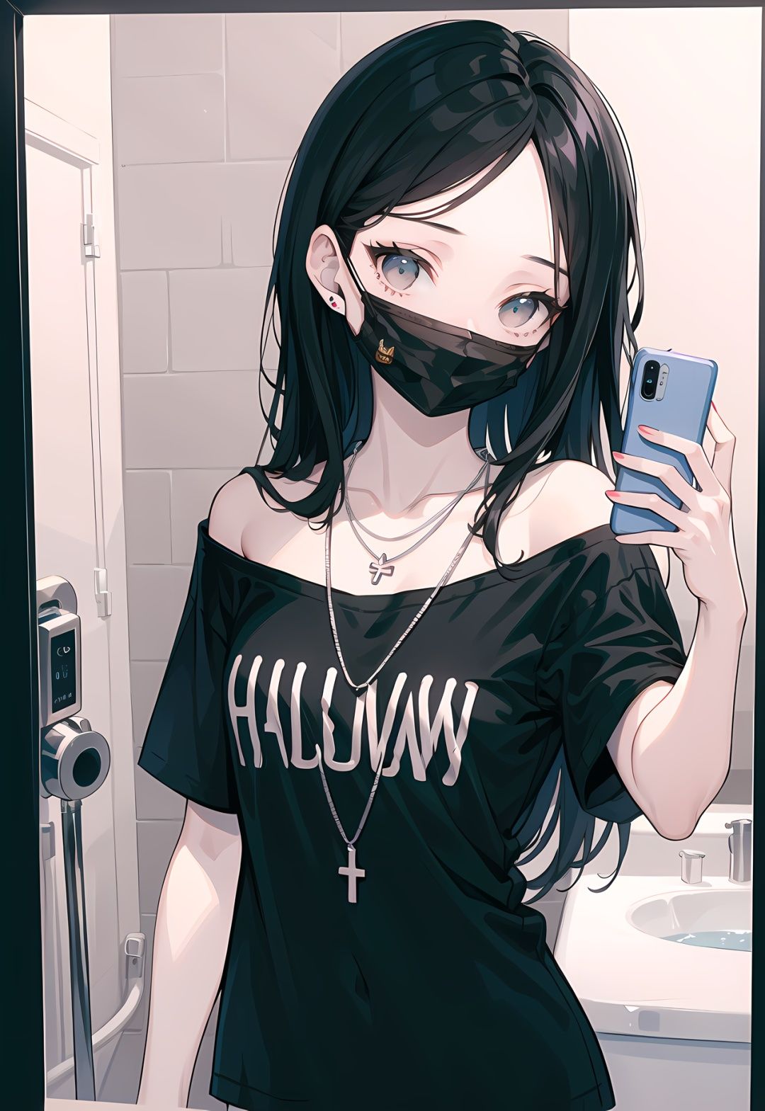 1 very long black hair (flat chest:1.1) girl wearing (black hallow out shirt:1.3) in bathroom (selfie:1.2), mouth mask, necklace, off-shoulder, masterpiece, (beautiful detailed face:1.3), (beautiful detailed background:1.3),