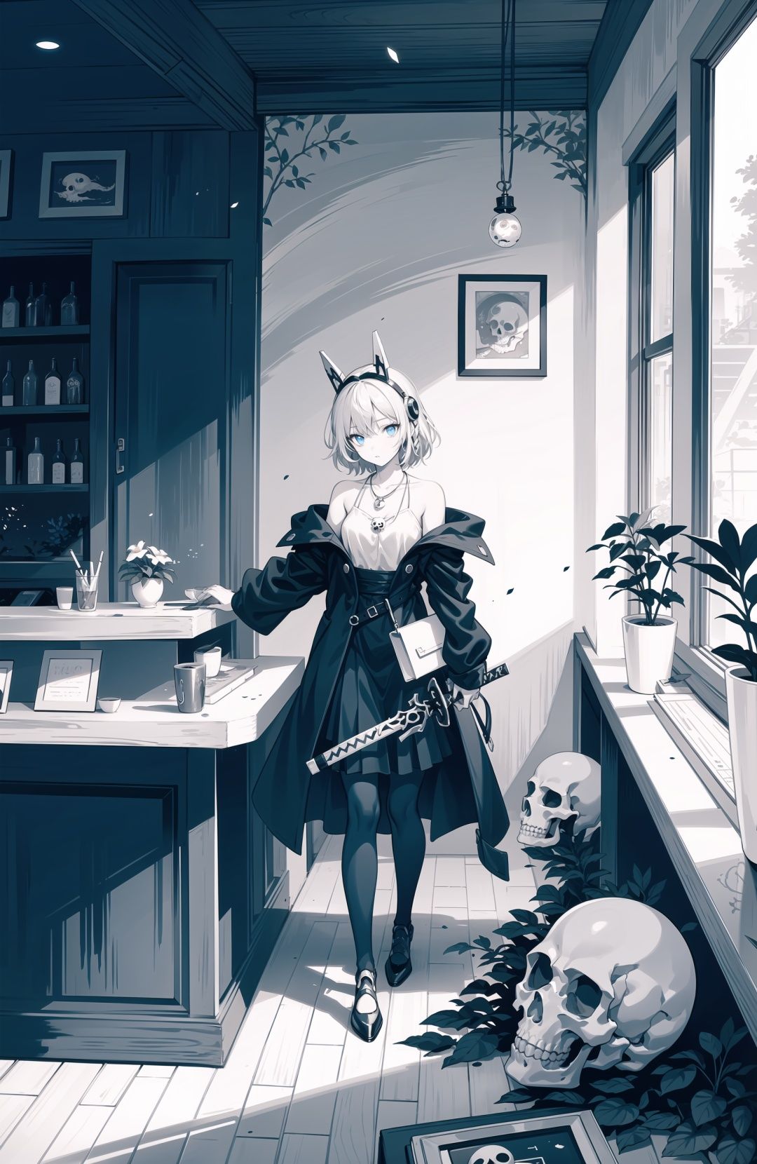 (monochrome:1.2), highly detailed, best quality, illustration, highres, extremely detailed wallpaper,sketch, flat color, anime screencap, third-party edit, realistic, horror theme, a beautiful girl, skull, blue eyes, white hair, bangs, side braid, head gear, robot armor, skeleton print, armored dress, floating feathered cloak, necklace, tattoo, off shoulder, jacket removed, planted_sword, solo, coffee shop, bar, indoors, windows, book stack, toy, dragon, yin_yang, robot, cups, pencil, mirror, plant, leaves, flowers, nature, floating ashes, wind, outdoors, reflection, depth of field, delicate foreground, extremely delicate background, dark lighting,