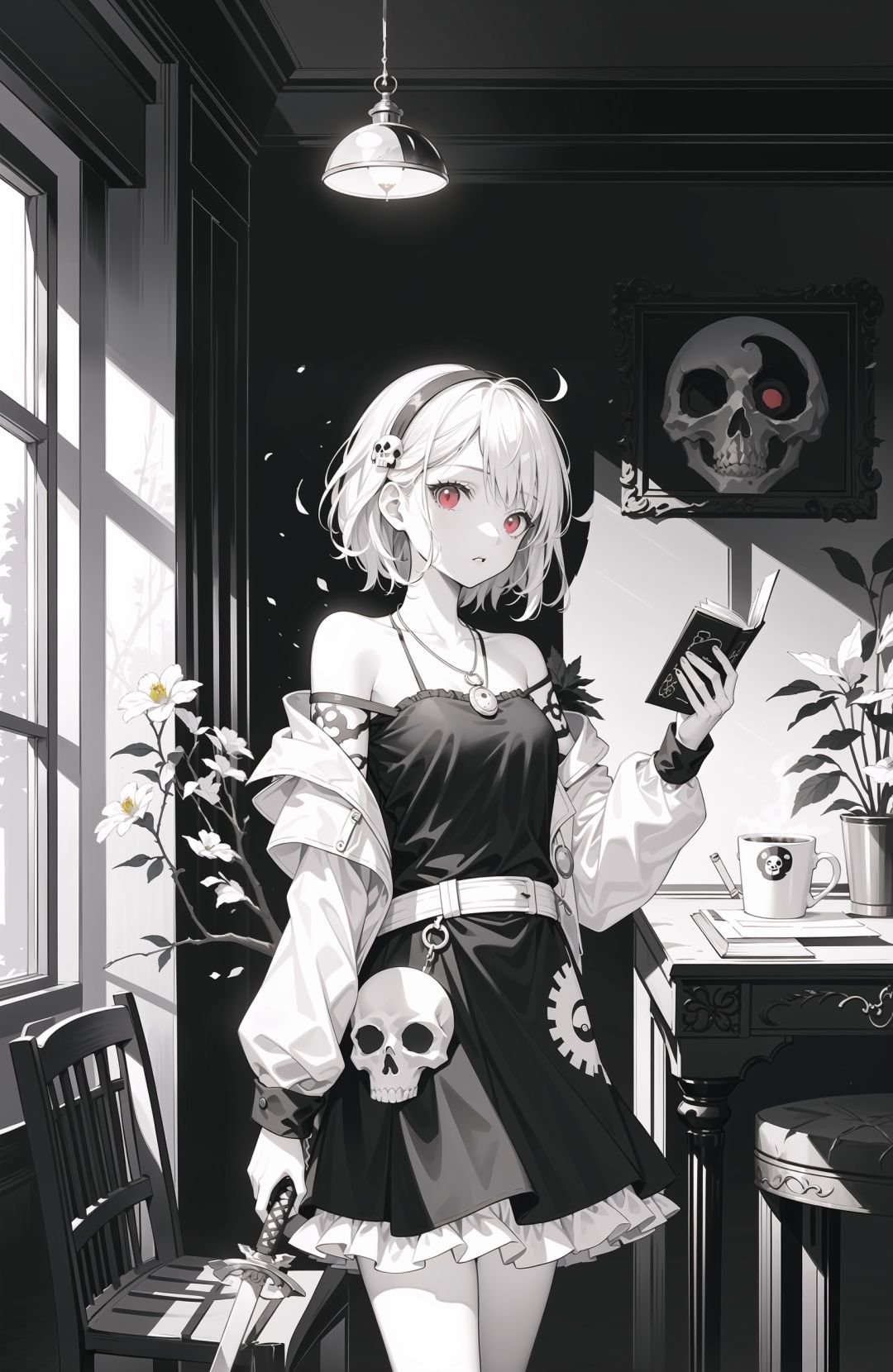 (monochrome:1.2), highly detailed, best quality, illustration, highres, extremely detailed wallpaper,sketch, flat color, anime screencap, third-party edit, realistic, horror theme, a beautiful girl, skull, red eyes, white hair, bangs, side braid, head gear, robot armor, skeleton print, armored dress, floating feathered cloak, necklace, tattoo, off shoulder, jacket removed, planted_sword, solo, coffee shop, bar, indoors, windows, book stack, toy, dragon, yin_yang, robot, cups, pencil, mirror, plant, leaves, flowers, nature, floating ashes, wind, outdoors, reflection, depth of field, delicate foreground, extremely delicate background, dark lighting,