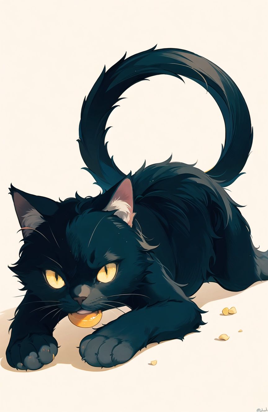 no humans, :3, artist name, simple background, animal focus, animal, solid circle eyes, lying, food, solo, black eyes, on stomach, yellow background, closed mouth, fluffy, twitter username, shadow, looking at viewer, cat