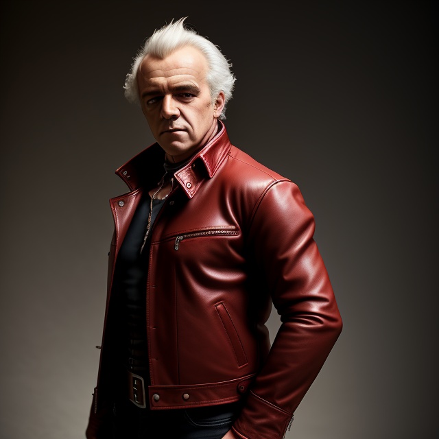 photo of ducreux man standing red leather jacket on Tensor.Art