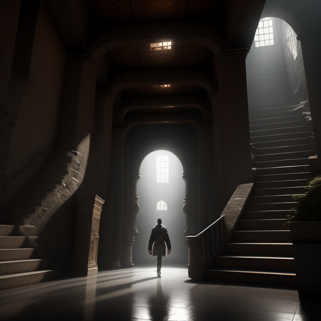 a man standing in the middle of a room filled with stairs on Tensor.Art