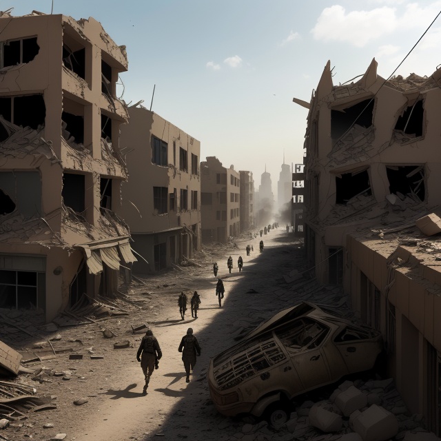WarTorn style,  a group of people walking down a street next to a pile of rubble on Tensor.Art