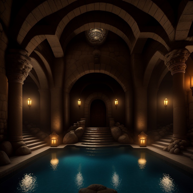 AncientUnderground style,  a dimly lit room with stairs and a pool on Tensor.Art
