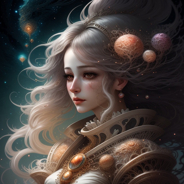 FractalWoman style,  a drawing of a woman's face with hair blowing in the wind on Tensor.Art