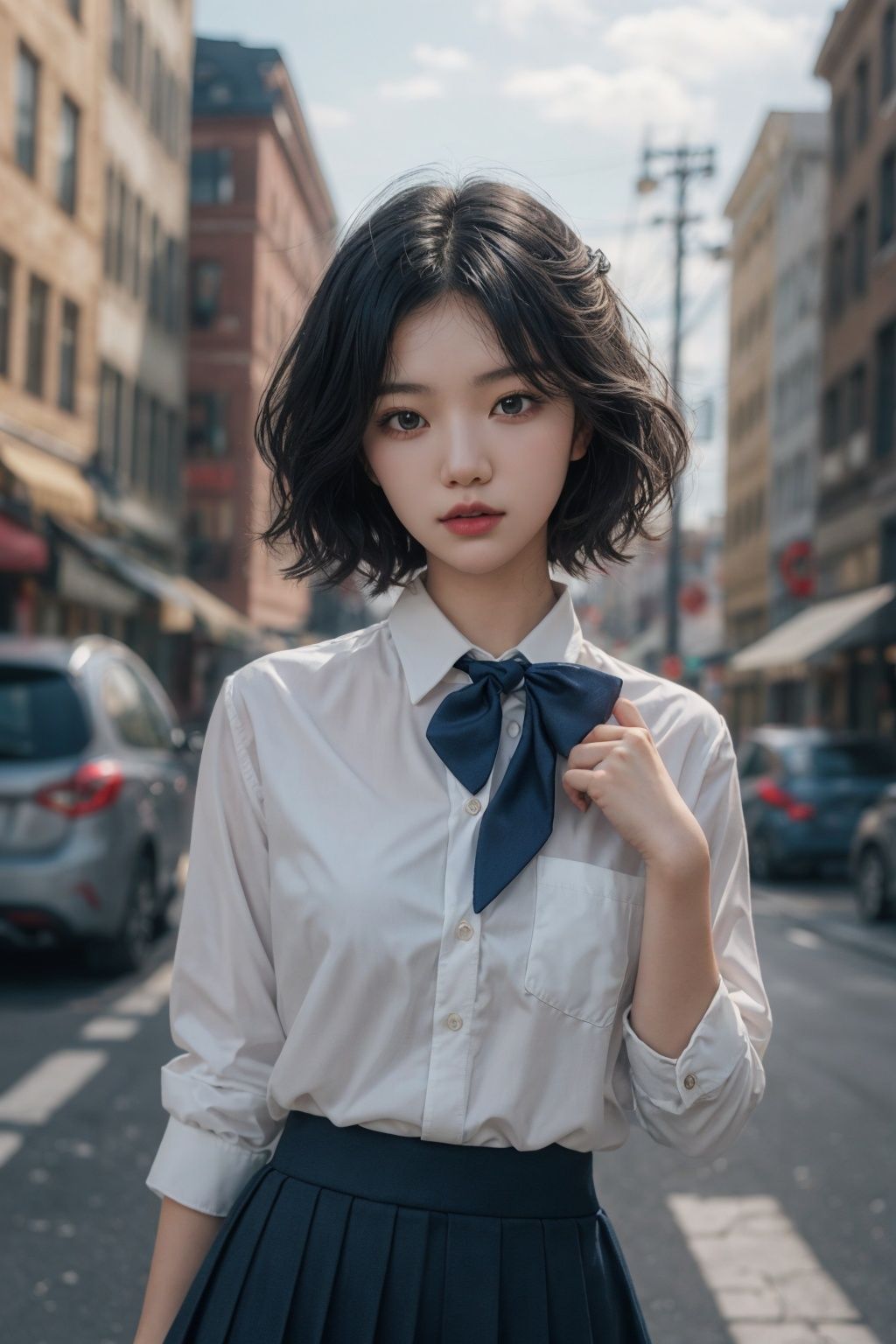 (black hair),posing,street,city day,1girl,extremely beautiful face,bust,put down hands,Random hairstyle,(JK_suit),(JK_shirt),JK_style,(dark blue JK_skirt),(bow JK_tie),white and clean skin,{{masterpiece}},{{{best quality}}},{{ultra-detailed}},{{illustration}},{{disheveled hair}},Enigmatic Atmosphere,Mellow Atmosphere,depth of field (dof),Chest Shot(MCU),Mid shot,Volumetric lighting,<lora:KCW_V6:0.8>,