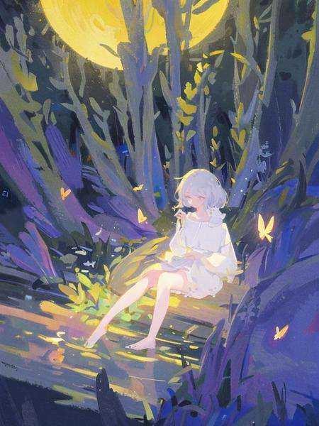 zhiyu,1girl,Forest,Night,best quality,highly detailed,FHD,Pond,(Mushrooms:0.8),1080P.2K.4K.8K,masterpiece,<lora:cure v1>,moonlight,Butterfly,dark,